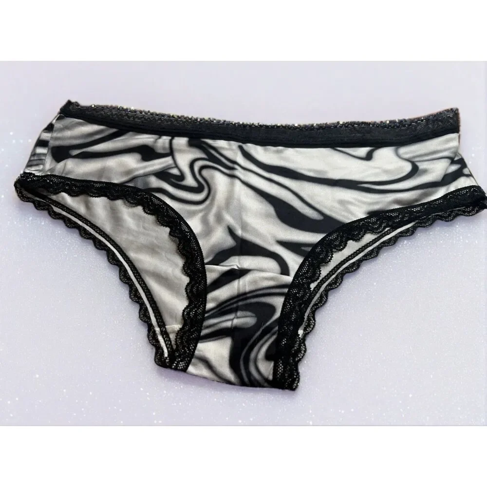 New Bikini Brief Lace Accent Black White Abstract Small Panties Underwear NWOT